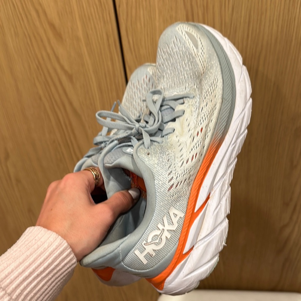 Hoka Gray and Orange Athletic Shoes with Cushioned Sole